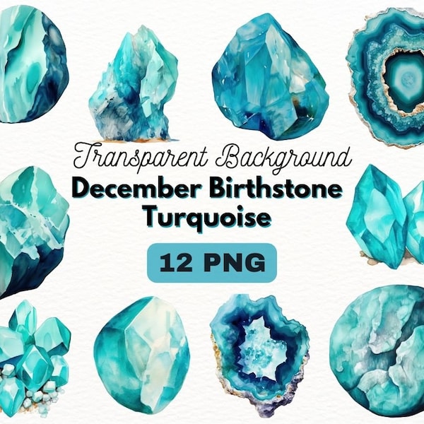 Watercolor December Birthstone Turquoise PNG Bundle, Digital Crafts Designs Transparent, Teal Crystal Clipart, Commercial Use