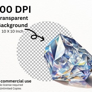 May include: A watercolor painting of a large, faceted, clear crystal with blue and purple hues. The crystal is resting on a white surface with a shadow underneath. The image has a transparent background.