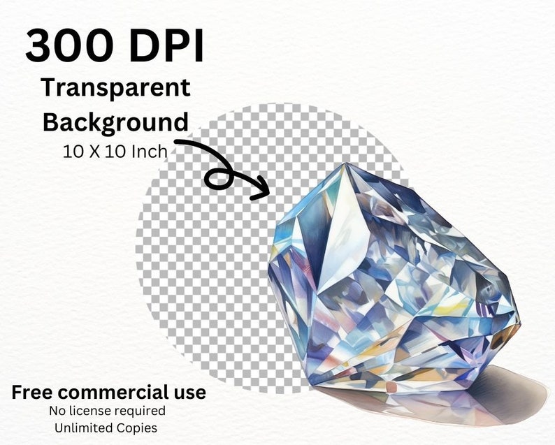 May include: A watercolor painting of a large, faceted, clear crystal with blue and purple hues. The crystal is resting on a white surface with a shadow underneath. The image has a transparent background.