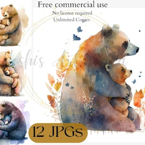 Aquarelle Mama Bear - Ours brun - Fabrication de cartes, Techniques mixtes, Artisanat en papier numérique - Utilisation commerciale - Téléchargement numérique