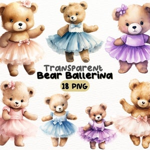 Watercolor Ballerina Bear PNG Bundle, Digital Crafts Designs Transparent, Dancing Teddy Bear Clipart, Ballet Clipart, Commercial Use