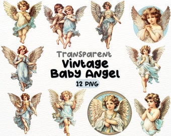 Watercolor Vintage Blue Baby Angel PNG Bundle, Digital Crafts Designs Transparent, Baby Angel Clipart, Vintage Angel Clipart, Commercial Use