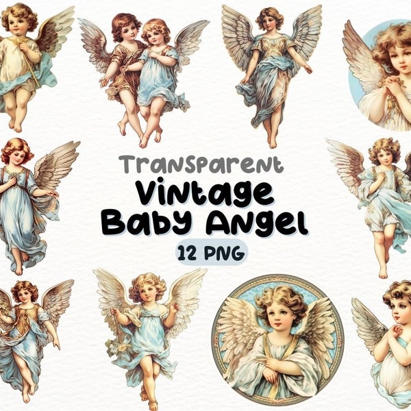 Watercolor Vintage Blue Baby Angel PNG Bundle, Digital Crafts Designs Transparent, Baby Angel Clipart, Vintage Angel Clipart, Commercial Use