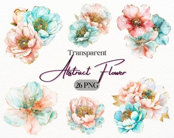 Watercolor Abstract Flower PNG, Digital Crafts Designs Transparent, Floral Clipart, Turquoise and Pink Flowers Clipart, Commercial Use