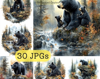Orso nero Foresta autunnale Montagna Clipart - 30 JPG di alta qualità - Scrapbooking, artigianato, progettazione digitale - Uso commerciale - Download digitale