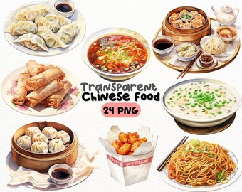 Watercolor Chinese Food PNG Bundle, Digital Crafts Designs Transparent, Chinese Cuisine Clipart, Commercial Use