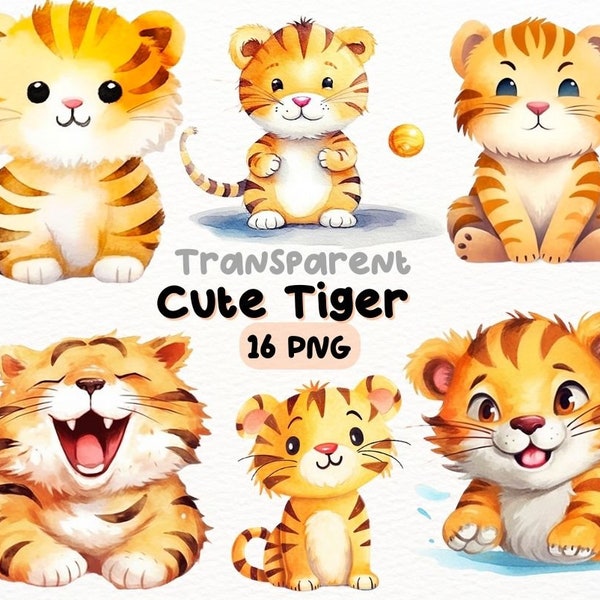 Cute Tiger PNG Bundle, Digital Crafts Designs Transparent, Adorable Tiger Cub Clipart, Baby Tiger Clipart, Commercial Use