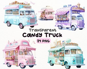 May include: Four watercolor illustrations of candy trucks. Each truck has a different color scheme: blue, pink, purple, and teal. The trucks have a striped awning and are decorated with candy and sweets.