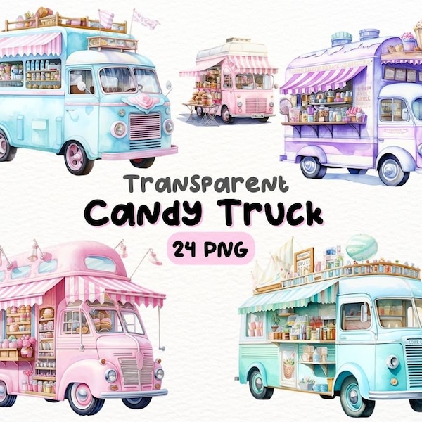 Watercolor Cute Pastel Ice Cream & Candy Truck PNG Bundle, Digital Crafts Designs Transparent, Retro Truck Clipart, Commercial Use