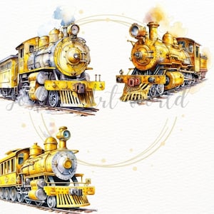 May include: Three yellow vintage steam locomotives with black accents and wheels. The locomotives are on a white background with a light brown circle around each.