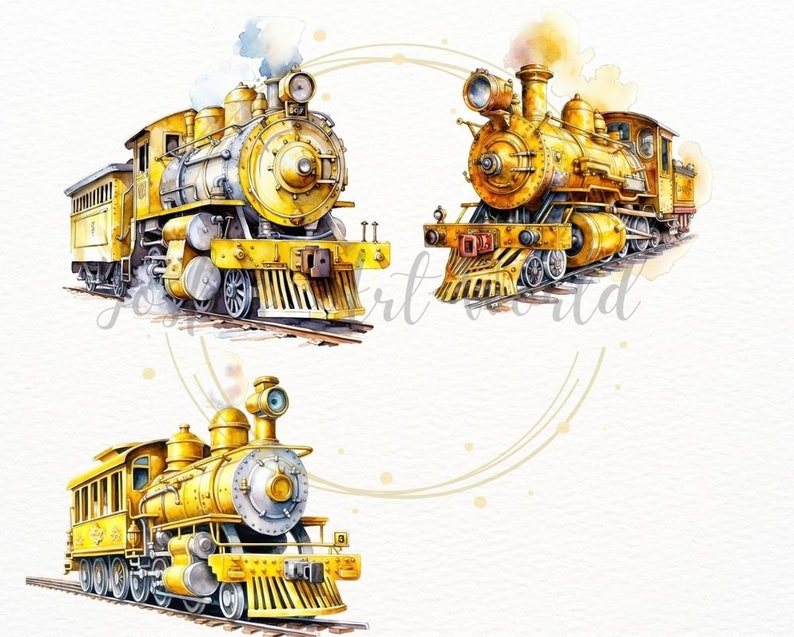 May include: Three yellow vintage steam locomotives with black accents and wheels. The locomotives are on a white background with a light brown circle around each.