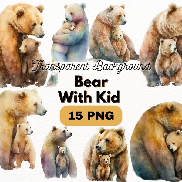 Watercolor Mama Bear with Kid PNG Bundle, Digital Crafts Designs Transparent, Animal Clip art, Mama Bear Clipart, Commercial Use