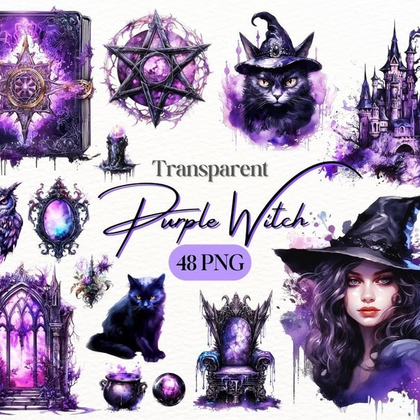 Watercolor Purple Gothic Witch PNG Bundle, Digital Crafts Designs Transparent, Witch Clipart, Purple Witch Clipart, Commercial Use