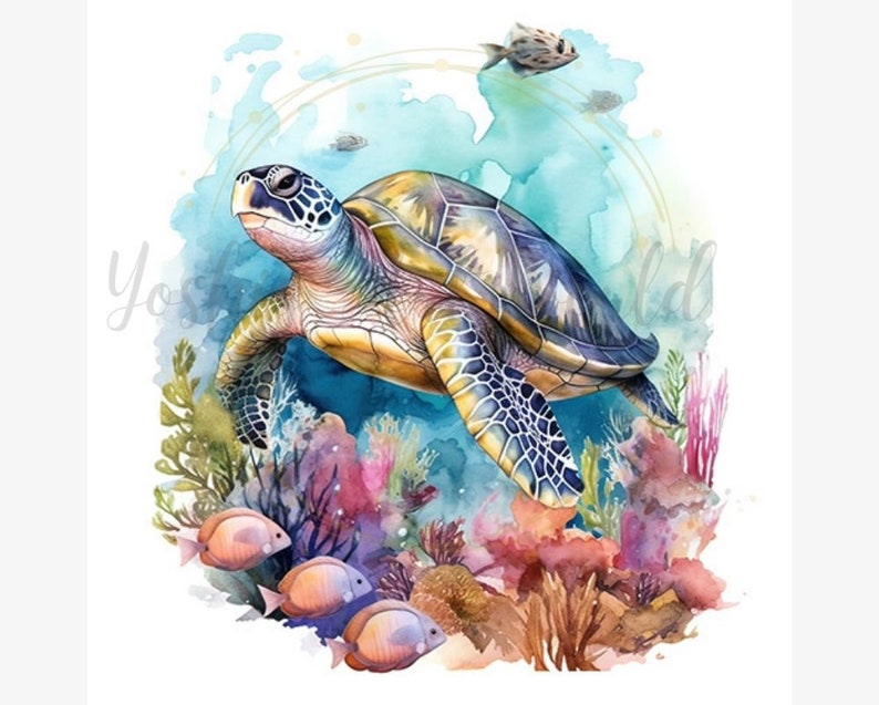 Pu&ograve; includere: Illustrazione ad acquerello di una tartaruga marina che nuota in una vivace barriera corallina. La tartaruga ha un guscio a motivi con sfumature di verde, giallo e blu. La barriera corallina presenta coralli e pesci colorati, su sfondo blu e turchese.