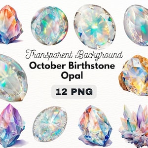 May include: Twelve watercolour illustrations of opal gemstones in various shapes and sizes. The opals are iridescent and have a rainbow of colours. The background is white.