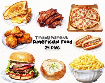 Watercolor American Food PNG Bundle, Digital Crafts Designs Transparent, American Cuisine Clipart, Fast Food Clipart Commercial Use