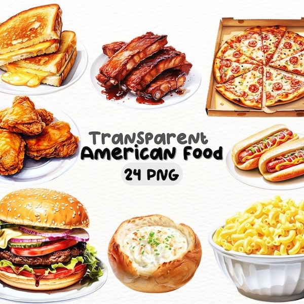 Watercolor American Food PNG Bundle, Digital Crafts Designs Transparent, American Cuisine Clipart, Fast Food Clipart Commercial Use