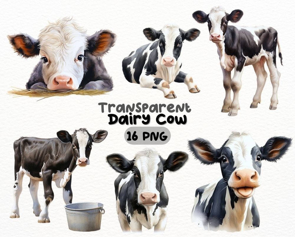 Watercolor Dairy Cow PNG Bundle, Digital Crafts Designs Transparent, Calf Clipart, Farm Animal Clipart, Commercial Use