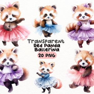 Paquete PNG de panda rojo de bailarina de acuarela, diseños de manualidades digitales transparentes, imágenes prediseñadas de panda rojo bailando, imágenes prediseñadas de ballet, uso comercial