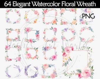 May include: A collection of 64 elegant watercolor floral wreaths in various shapes, including circles and squares. The wreaths feature pink, peach, and purple roses, lavender, and other flowers with green foliage. The text "64 Elegant Watercolor Floral Wreath" is at the top.