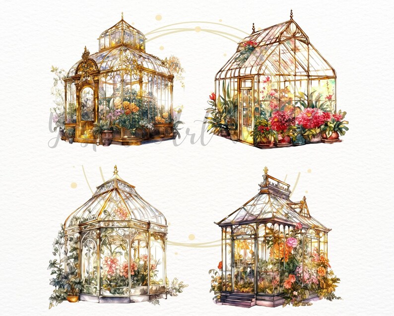 Puede incluir: Cuatro ilustraciones de acuarela de invernaderos de vidrio adornados en tonos dorados con varias flores y plantas en su interior. Los invernaderos est&aacute;n sobre un fondo blanco.