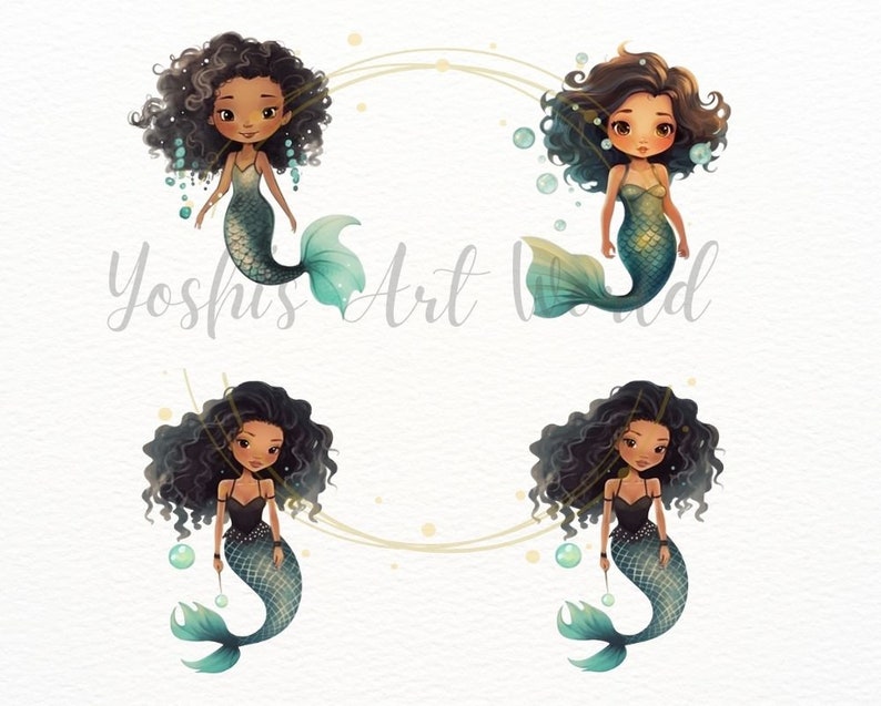 Watercolor Cute Black Mermaid PNG Bundle, Digital Crafts Designs ...