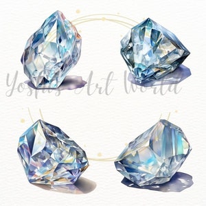May include: Four watercolor paintings of blue, faceted gemstones. Each gemstone is rendered with detail and has a subtle iridescent sheen.
