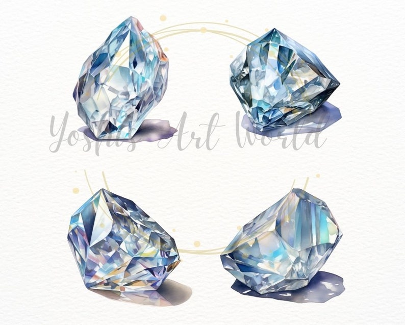 May include: Four watercolor paintings of blue, faceted gemstones. Each gemstone is rendered with detail and has a subtle iridescent sheen.