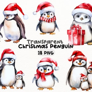 Paquete PNG de pingüino navideño de acuarela, diseños de artesanías digitales transparentes, imágenes prediseñadas de pingüino bebé navideño, imágenes prediseñadas de invierno, uso comercial