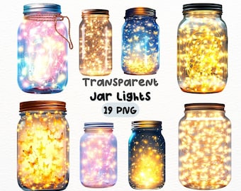 Aquarell Einmachglas Lichter PNG Bundle, digitales Handwerk Designs transparent, String Starry Jar Clipart, Firefly Jar Clipart, kommerzielle Nutzung