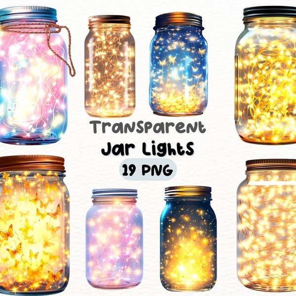 Watercolor Mason Jar Lights PNG Bundle, Digital Crafts Designs Transparent, String Starry Jar Clipart, Firefly Jar Clipart, Commercial Use