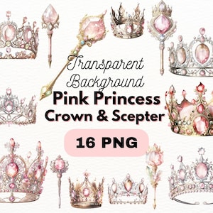 Pink Princess Crown & Sceptre PNG Bundle, Digital Crafts Designs Transparent, Wand Clip art, Tiara Clipart, Utilisation commerciale