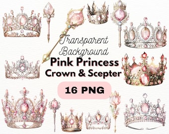 Pink Princess Crown & Scepter PNG Bundle, Digital Crafts Designs Transparent, Wand Clip art, Tiara Clipart, Commercial Use