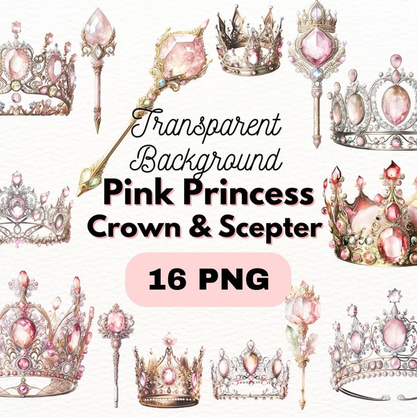Paquete PNG de corona de princesa rosa y cetro, diseños de artesanías digitales transparentes, imágenes prediseñadas de varita, imágenes prediseñadas de tiara, uso comercial