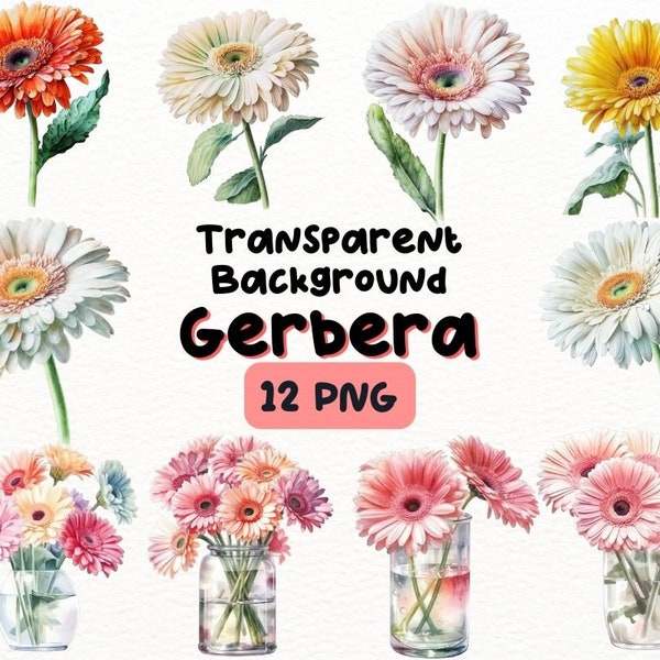 Pastel Watercolor Gerbera Daisy PNG Bundle, Digital Crafts Designs Transparent, Daisy Clipart, Pink Daisy Clipart, Commercial Use