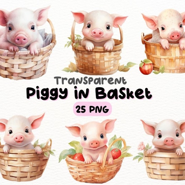 Watercolor Cute Piggy in Basket PNG Bundle, Digital Crafts Designs Transparent, Adorable Baby Pig Clipart, Piggie Clipart, Commercial Use