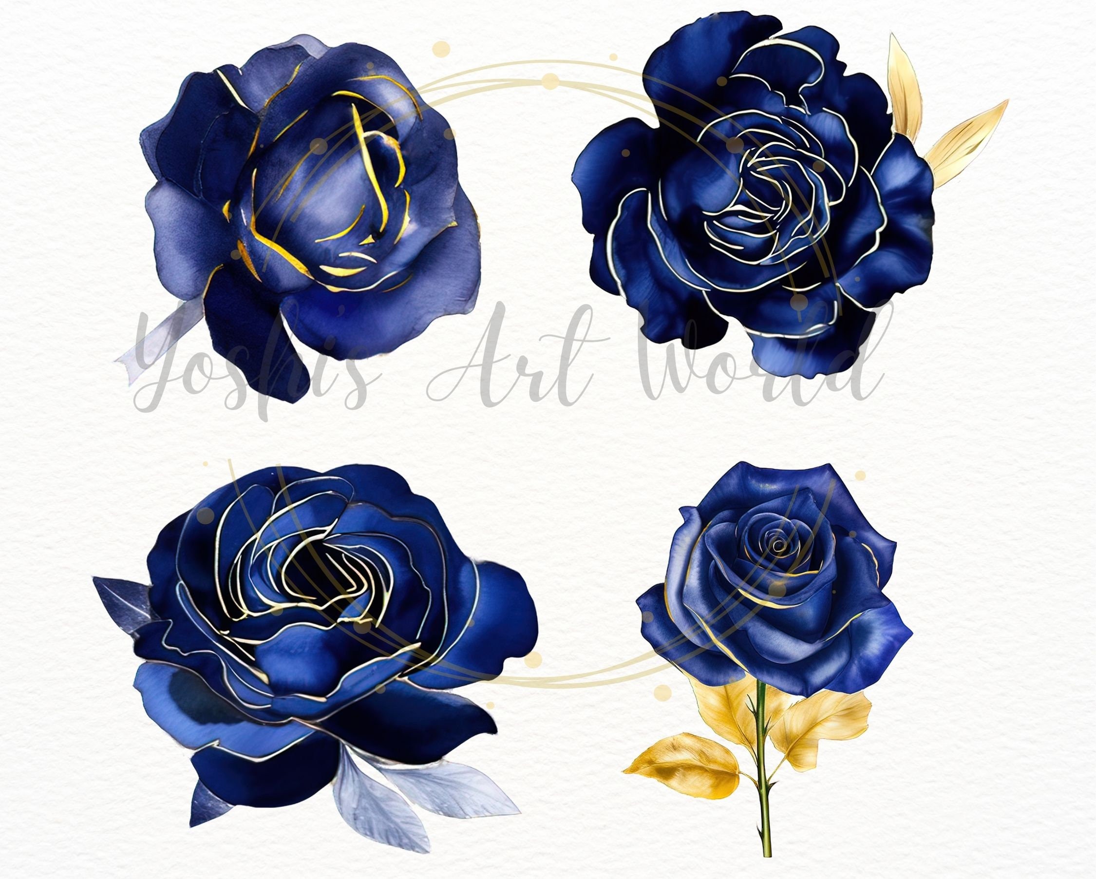Blue Roses With Gold PNG Bundle, Digital Crafts Designs Transparent ...