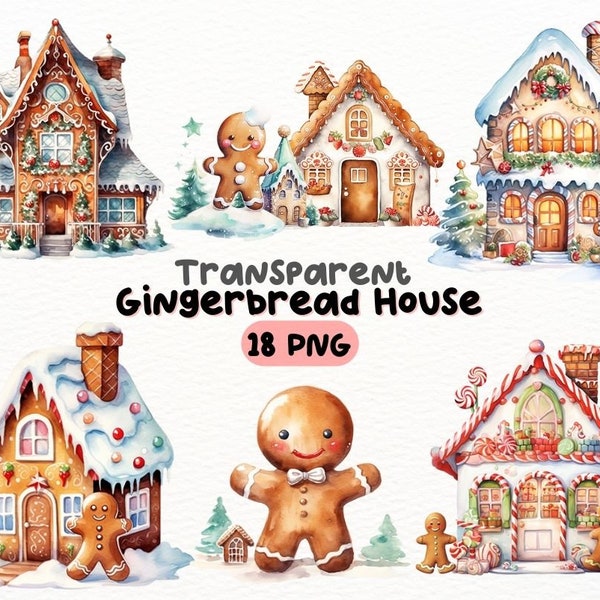 Watercolor Christmas Gingerbread House PNG Bundle, Digital Crafts Designs Transparent, Gingerbread man Clipart, Commercial Use