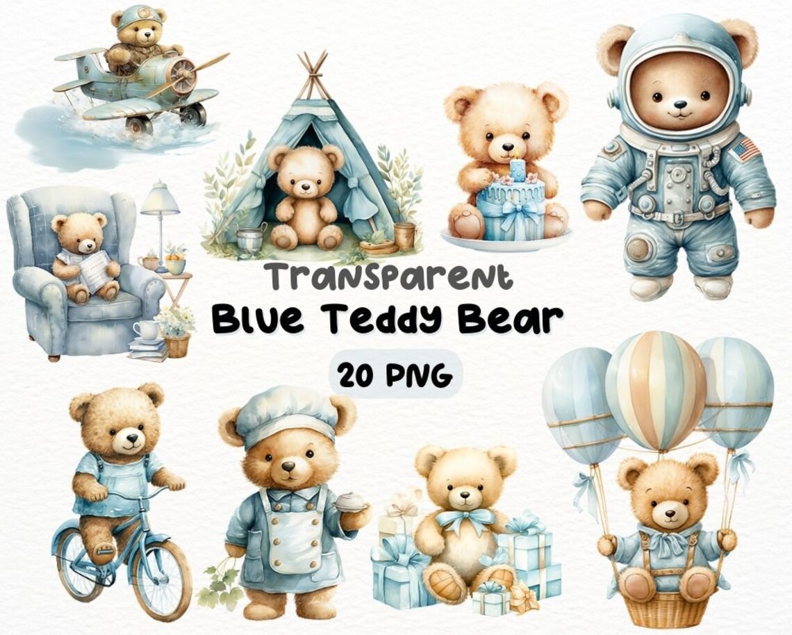 Watercolor Baby Blue Teddy Bear PNG Bundle, Digital Crafts Designs ...