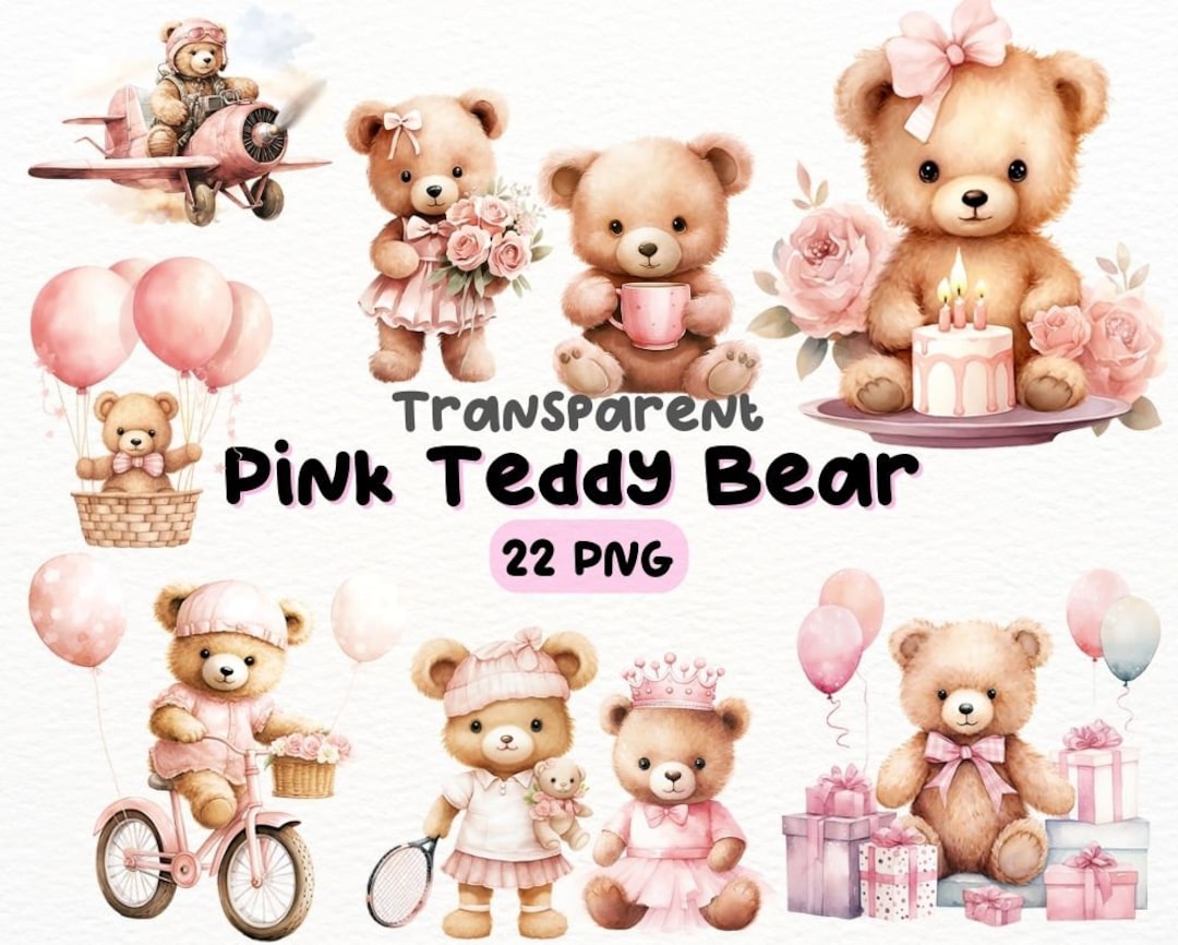 Watercolor Pink Teddy Bear PNG Bundle, Digital Crafts Designs ...