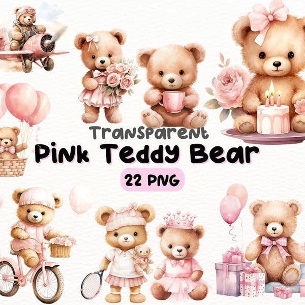 Watercolor Pink Teddy Bear PNG Bundle, Digital Crafts Designs Transparent, Girly Teddy Bear Clipart, Nursery Clipart, Commercial Use