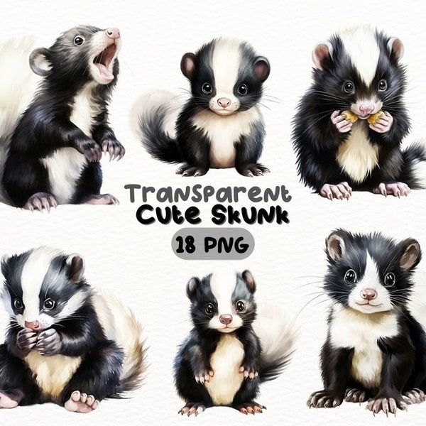 Watercolor Cute Skunk PNG Bundle, Digital Crafts Designs Transparent, Adorable Skunk Clipart, Nature Clipart, Commercial Use