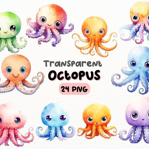 Cute Octopus PNG Bundle, Digital Crafts Designs Transparent, Baby Octopus Clipart, Ocean Life Clipart, Commercial Use