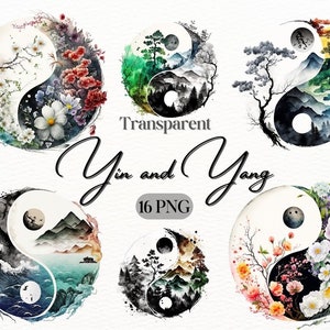 May include: A set of 16 watercolor illustrations of yin yang symbols. Each symbol features a unique design with elements like flowers, mountains, and waves. The text "Transparent Yin and Yang 16 PNG" is included in the image.