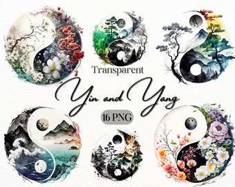Watercolor Yin and Yang Symbol PNG Bundle, Digital Crafts Designs Transparent, Spiritual Balance and Harmony Clipart, Commercial Use