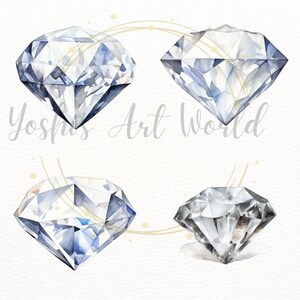 May include: Four watercolor illustrations of sparkling diamonds. Each diamond is rendered in shades of blue and white, with a subtle shimmer effect. The diamonds are arranged in a symmetrical pattern, with two diamonds at the top and two diamonds at the bottom.