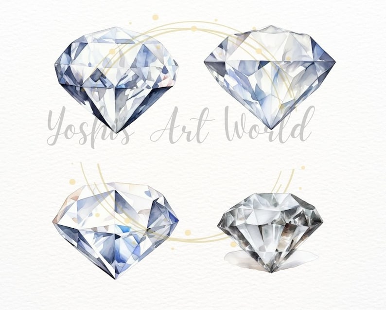 May include: Four watercolor illustrations of sparkling diamonds. Each diamond is rendered in shades of blue and white, with a subtle shimmer effect. The diamonds are arranged in a symmetrical pattern, with two diamonds at the top and two diamonds at the bottom.