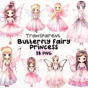Aquarell niedliche rosa Schmetterling Fee Prinzessin PNG Bundle, digitales Handwerk Designs transparent, hell rosa Fee Clipart, kommerzielle Nutzung