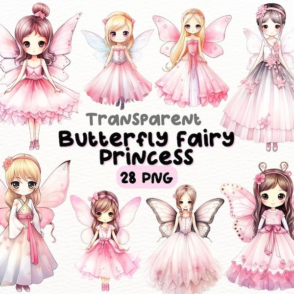 Watercolor Cute Pink Butterfly Fairy Princess PNG Bundle, Digital Crafts Designs Transparent, Light Pink Fairy Clipart, Commercial Use