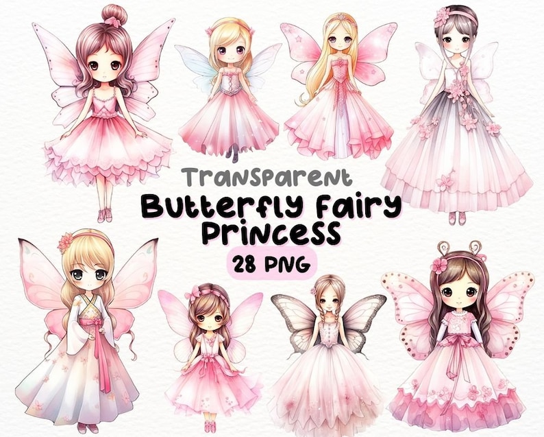 Watercolor Cute Pink Butterfly Fairy Princess PNG Bundle, Digital ...